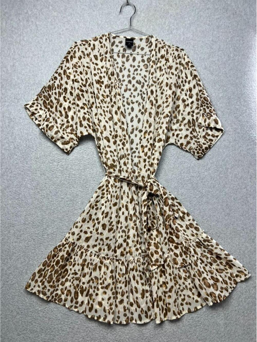 Express Leopard Animal Print Kimono Dress Wrap Mini Ruffle Boho Resort M L